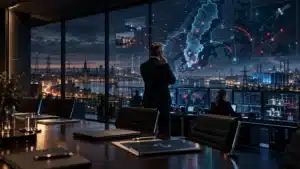 European cybersecurity leaders in a boardroom monitoring geopolitical cyber threats, critical infrastructure and operational resilience across Northern Europe