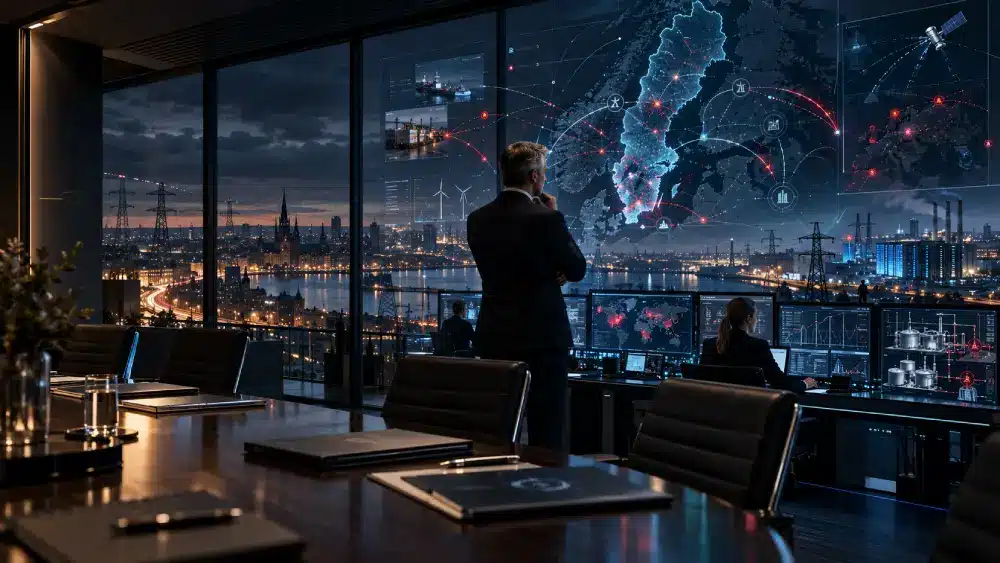 European cybersecurity leaders in a boardroom monitoring geopolitical cyber threats, critical infrastructure and operational resilience across Northern Europe